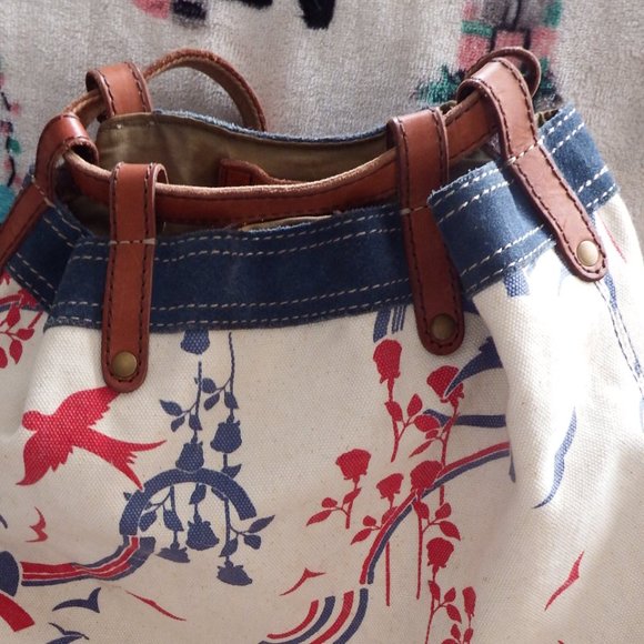 Lucky Brand Vintage Inspired Canvas Backpack Leather Trim Birds Rainbows - Picture 9 of 10